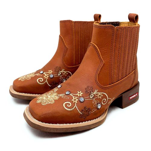 BOTINA EM COURO CARAMELO BORDADO FLORES BEGE E MAR... - Botas Texanas Bruto