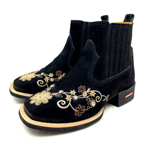BOTINA EM COURO NOBUCK PRETO BORDADO FLORES BEGE E... - Botas Texanas Bruto