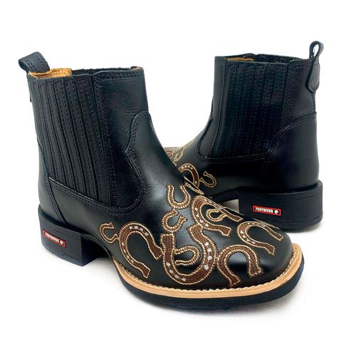 BOTINA EM COURO PRETO BORDADO FERRADURA MARROM - b... - Botas Texanas Bruto