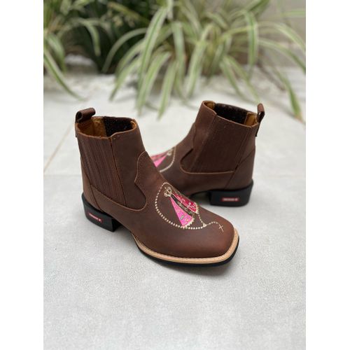 BOTINA EM COURO MARROM BORDADO NOSSA SENHORA ROSA ... - Botas Texanas Bruto