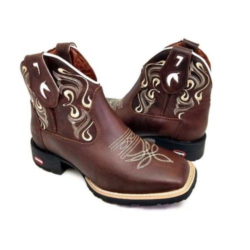 BOTINA CANO MÉDIO MARROM BORDADO BEGE - bcm2 - Botas Texanas Bruto