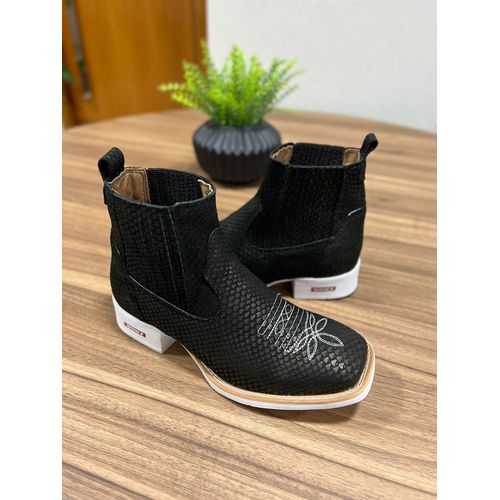 BOTINA EM COURO ESCAMA DE PEIXE PRETO SOLADO BRANC... - Botas Texanas Bruto
