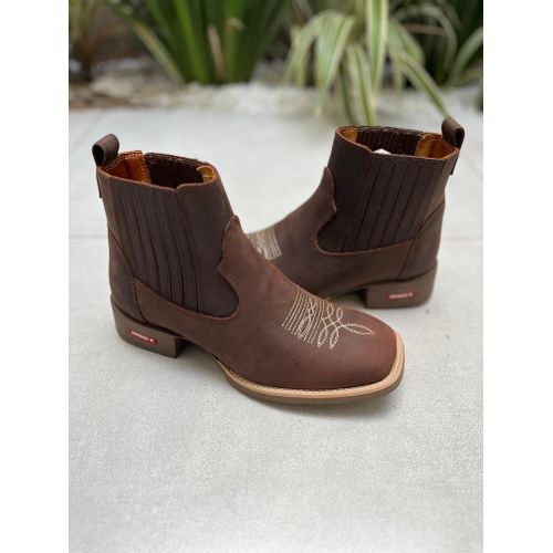 BOTINA EM COURO MARROM BORDADO FLORÃO - bm20 - Botas Texanas Bruto