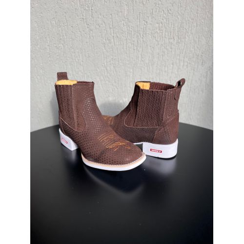 BOTINA EM COURO MARROM ESCAMADO BORDADO FLORÃO E S... - Botas Texanas Bruto