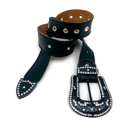 CINTO EM COURO PRETO COM STRASS - cinto1 - Botas Texanas Bruto