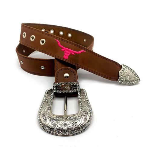 CINTO EM COURO BORDADO TOURO ROSA COM STRASS - cin... - Botas Texanas Bruto