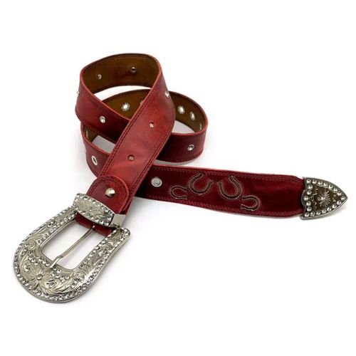 CINTO EM COURO VERMELHO BORDADO FERRADURA COM STRA... - Botas Texanas Bruto