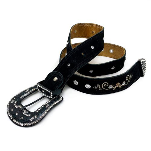CINTO EM COURO BORDADO FLORES BEGE E MARROM COM ST... - Botas Texanas Bruto