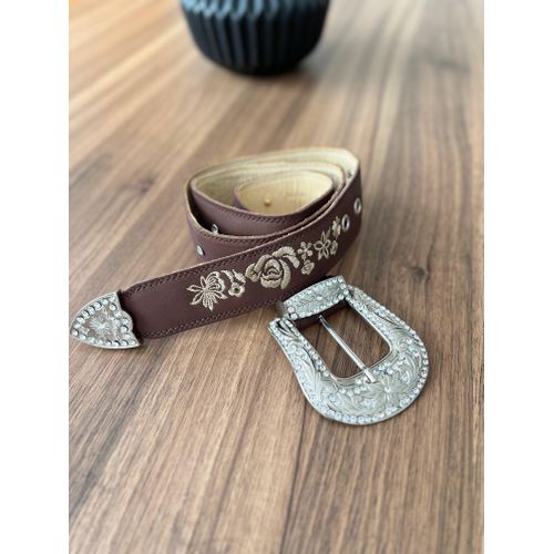 CINTO EM COURO MARROM BORDADO FLORES BEGE - cinto... - Botas Texanas Bruto