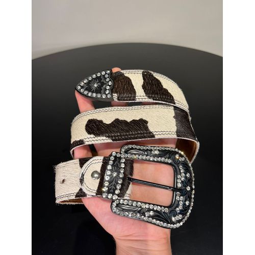 CINTO EM COURO VACA MALHADA COM PELO E STRASS - c... - Botas Texanas Bruto