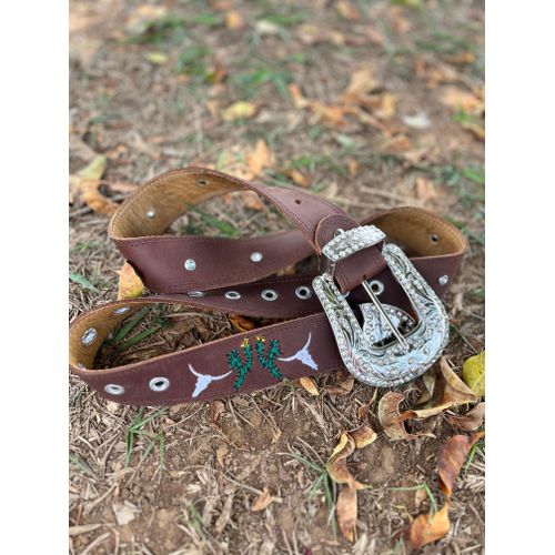 CINTO EM COURO MARROM BORDADO CACTO VERDE E TOURO ... - Botas Texanas Bruto