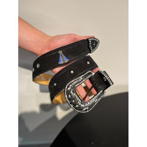 CINTO EM COURO PRETO BORDADO NOSSA SENHORA AZUL CO... - Botas Texanas Bruto