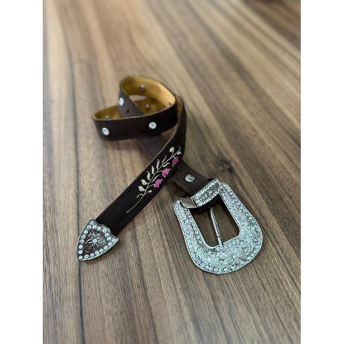 CINTO EM COURO HORSE NESCAU BORDADO FLORES ROSA CO... - Botas Texanas Bruto