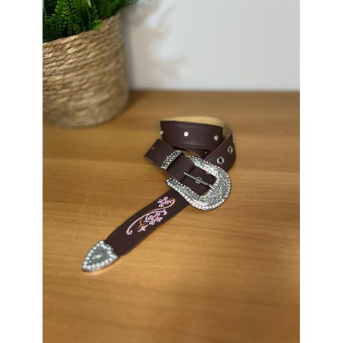 CINTO EM COURO LÁTEGO MARROM BORDADO FLORES ROSA E... - Botas Texanas Bruto