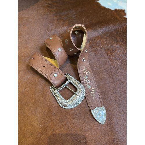 CINTO EM COURO LÁTEGO MARROM BORDADO FLORES ROSA E... - Botas Texanas Bruto