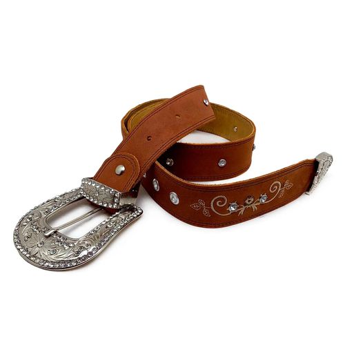 CINTO EM COURO BORDADO FLORES BEGE COM STRASS - Ci... - Botas Texanas Bruto