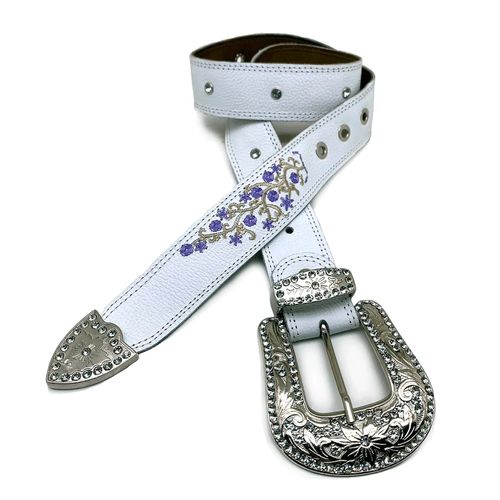 CINTO EM COURO BRANCO BORDADO FLORES ROXO COM STRA... - Botas Texanas Bruto