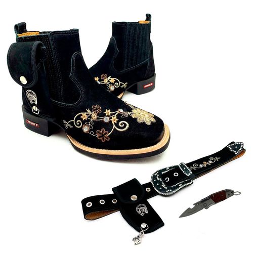 COMBO BOTINA + CINTO EM COURO NOBUCK PRETO BORDADO... - Botas Texanas Bruto