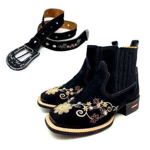 COMBO BOTINA + CINTO EM COURO NOBUCK PRETO BORDADO... - Botas Texanas Bruto