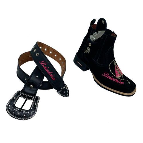 COMBO BOTINA + CINTO EM COURO PRETO BORDADO NOSSA ... - Botas Texanas Bruto