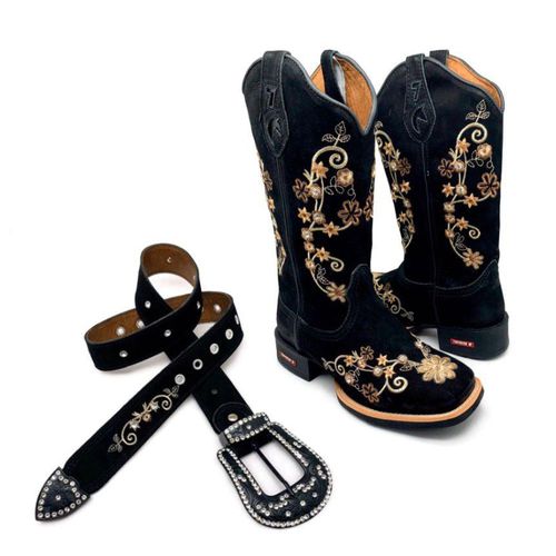 COMBO BOTA TEXANA + CINTO EM COURO PRETO BORDADO F... - Botas Texanas Bruto