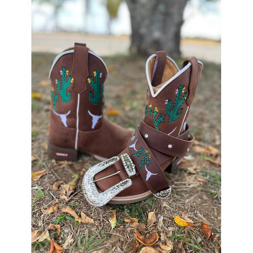 COMBO CAPOTA + CINTO EM COURO MARROM BORDADO CACTO... - Botas Texanas Bruto