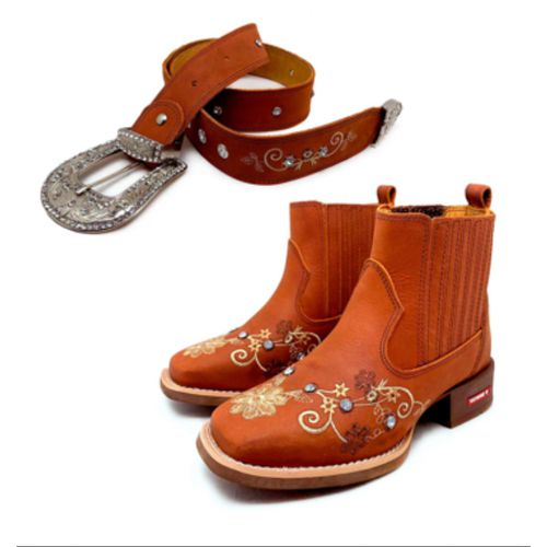 COMBO BOTINA + CINTO EM COURO HORSE TELHA BORDADO ... - Botas Texanas Bruto