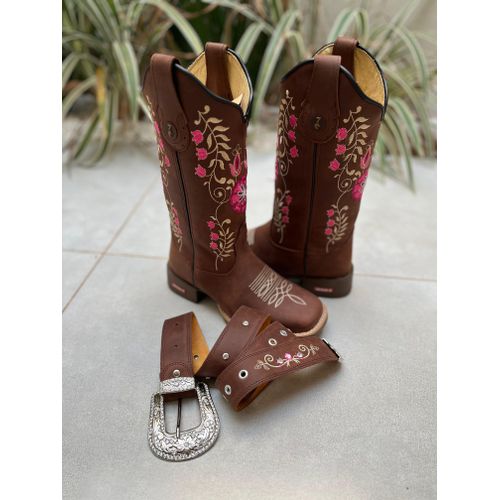 COMBO BOTA TEXANA + CINTO EM COURO BORDADO FLORES ... - Botas Texanas Bruto
