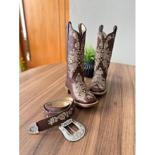 COMBO BOTA TEXANA + CINTO EM COURO MARROM BORDADO ... - Botas Texanas Bruto