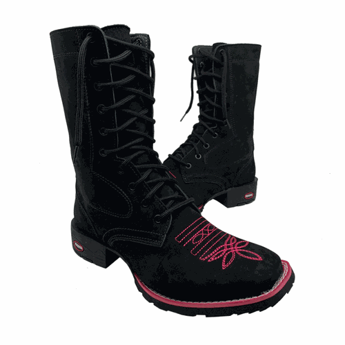 COTURNO COUNTRY EM COURO PRETO BORDADO ROSA + VIRA... - Botas Texanas Bruto