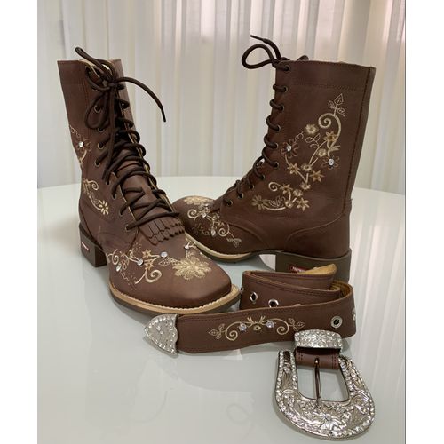 KIT COTURNO COUNTRY EM COURO MARROM BORDADO FLORES... - Botas Texanas Bruto