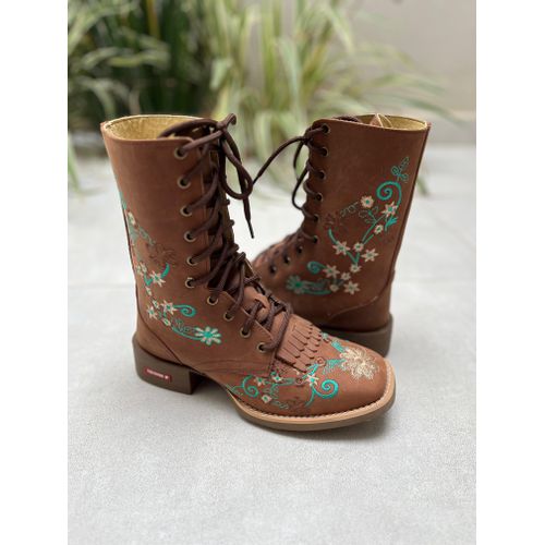 COTURNO COUNTRY EM COURO MARROM BORDADO FLORES VER... - Botas Texanas Bruto