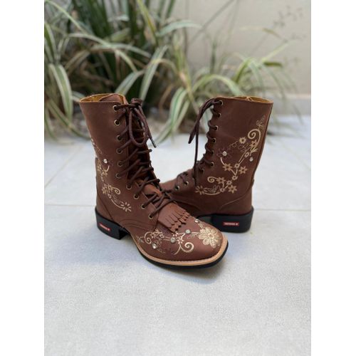 COTURNO COUNTRY EM COURO MARROM BORDADO FLORES COM... - Botas Texanas Bruto