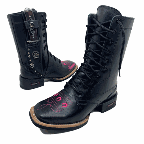 KIT COTURNO COUNTRY COURO PRETO BORDADO ROSA + BAI... - Botas Texanas Bruto