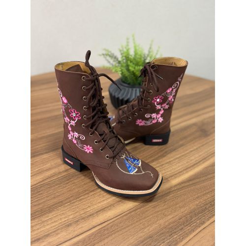 COTURNO COUNTRY EM COURO MARROM BORDADO FLORES ROS... - Botas Texanas Bruto