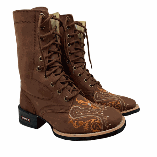 COTURNO COUNTRY EM COURO MARROM TRIBAL LARANJA - C... - Botas Texanas Bruto