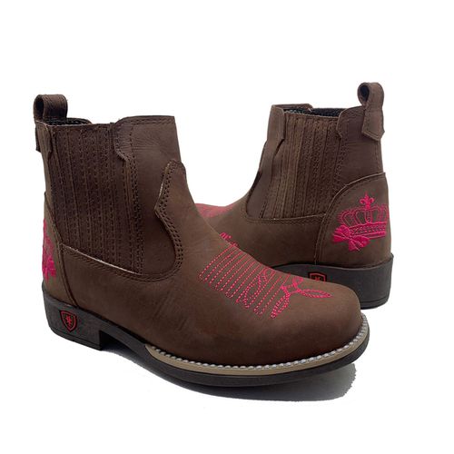 BOTINA INFANTIL EM COURO MARROM BORDADO ROSA - BI1 - Botas Texanas Bruto
