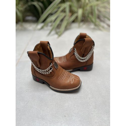 BOTINA INFANTIL EM COURO MARROM BORDADO FLORÃO + C... - Botas Texanas Bruto