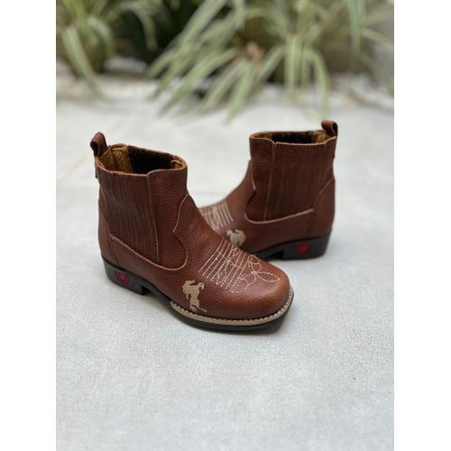 BOTINA INFANTIL EM COURO MARROM BORDADO FLORÃO + C... - Botas Texanas Bruto