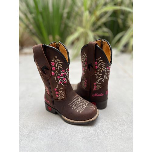 TEXANA INFANTIL EM COURO MARROM BORDADO CAVALO ROS... - Botas Texanas Bruto