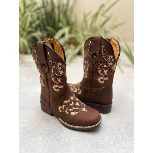 TEXANA INFANTIL EM COURO MARROM BORDADO BEGE E LAR... - Botas Texanas Bruto