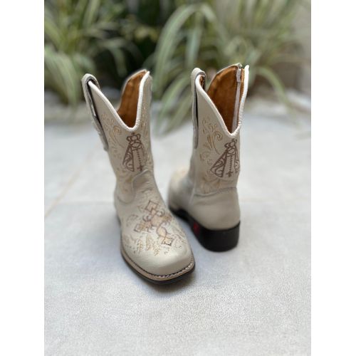 TEXANA INFANTIL EM COURO OFF WHITE BORDADO NOSSA S... - Botas Texanas Bruto