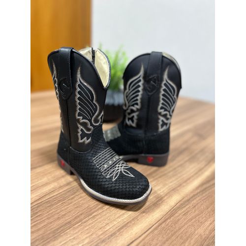 TEXANA INFANTIL EM COURO PRETO ESTILIZADO BORDADO ... - Botas Texanas Bruto