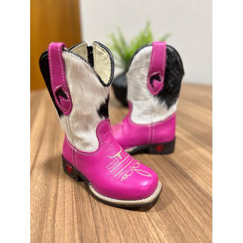 TEXANA INFANTIL EM COURO VACA MALHADA E ROSA COM P... - Botas Texanas Bruto