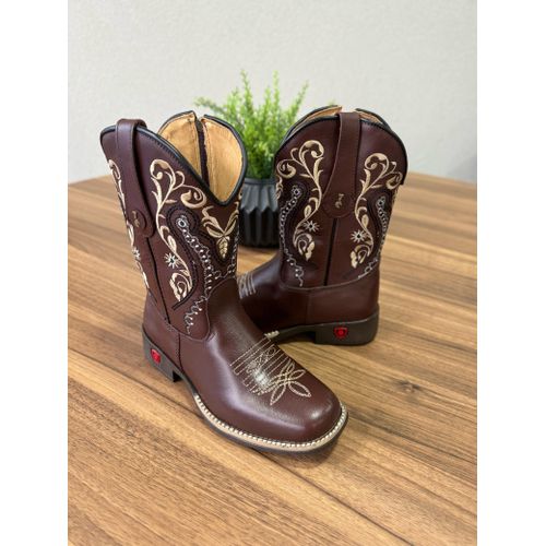 TEXANA INFANTIL EM COURO LÁTEGO MARROM BORDADO TRI... - Botas Texanas Bruto