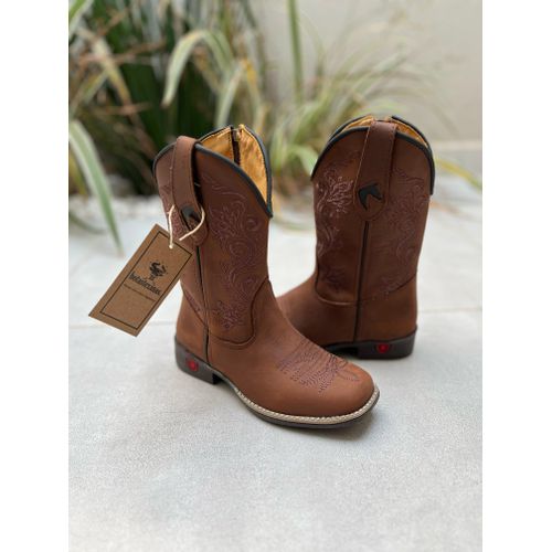 TEXANA INFANTIL EM COURO BORDADO RAMOS MARROM - TI... - Botas Texanas Bruto