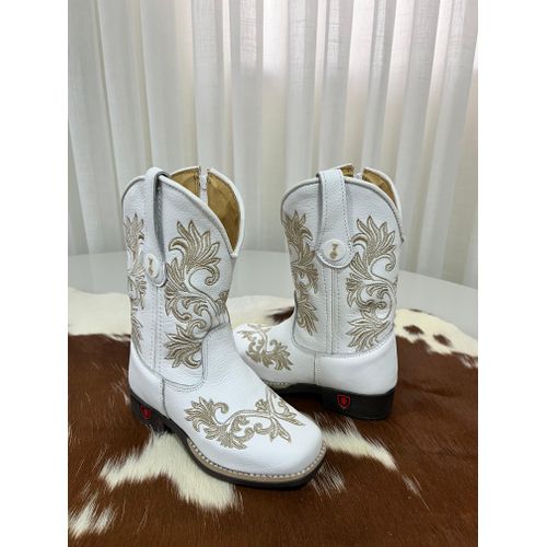 TEXANA INFANTIL EM COURO BRANCO BORDADO RAMOS BEGE... - Botas Texanas Bruto