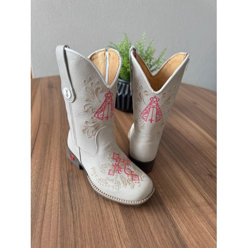TEXANA INFANTIL EM COURO OFF WHITE BORDADO NOSSA S... - Botas Texanas Bruto