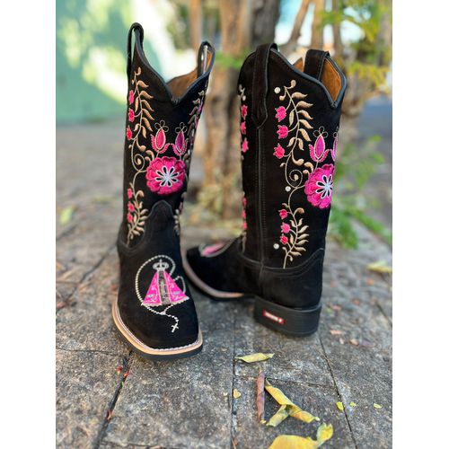 BOTA TEXANA EM COURO PRETO BORDADO NOSSA SENHORA E... - Botas Texanas Bruto