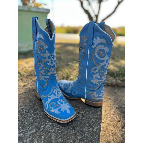 BOTA TEXANA EM COURO AZUL BORDADA COM SOLADO DE CO... - Botas Texanas Bruto